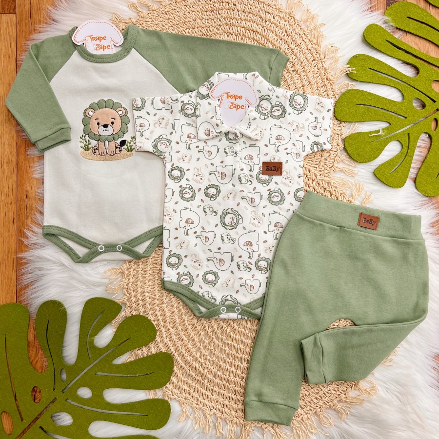 Conj. de Malha 3 peças - Leãozinho com Jubinha e Safari - Verde e Off White